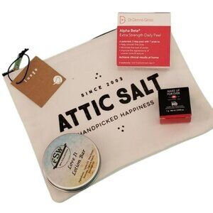 Travel Self Care Bundle 4pc Attic Salt Bag Dr. Dennis Gross Peel Make Up ForEver